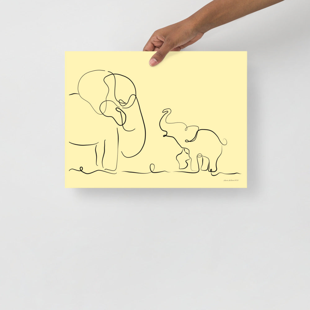 Mom and Baby Elephant - Line Art (yellow) - Frameless Poster