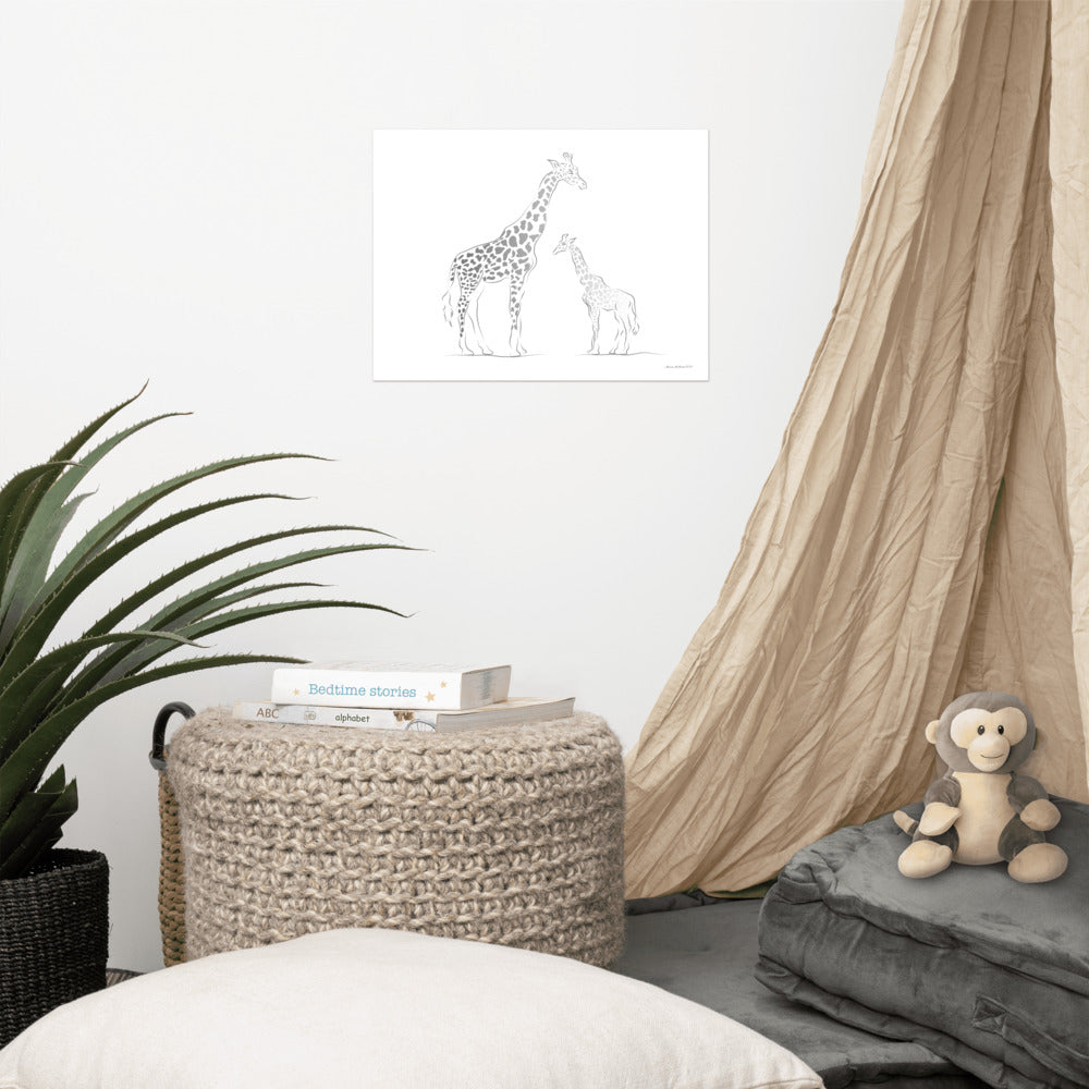 Mom and Baby Giraffe (black) - Line Art - Frameless Poster