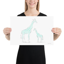 Load image into Gallery viewer, Mom and Baby Giraffe (greenish blue) - Line Art - Frameless Poster
