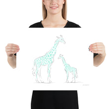 Load image into Gallery viewer, Mom and Baby Giraffe (greenish blue) - Line Art - Frameless Poster
