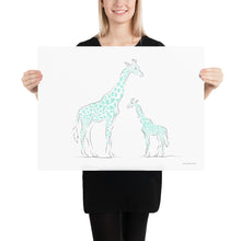 Load image into Gallery viewer, Mom and Baby Giraffe (greenish blue) - Line Art - Frameless Poster
